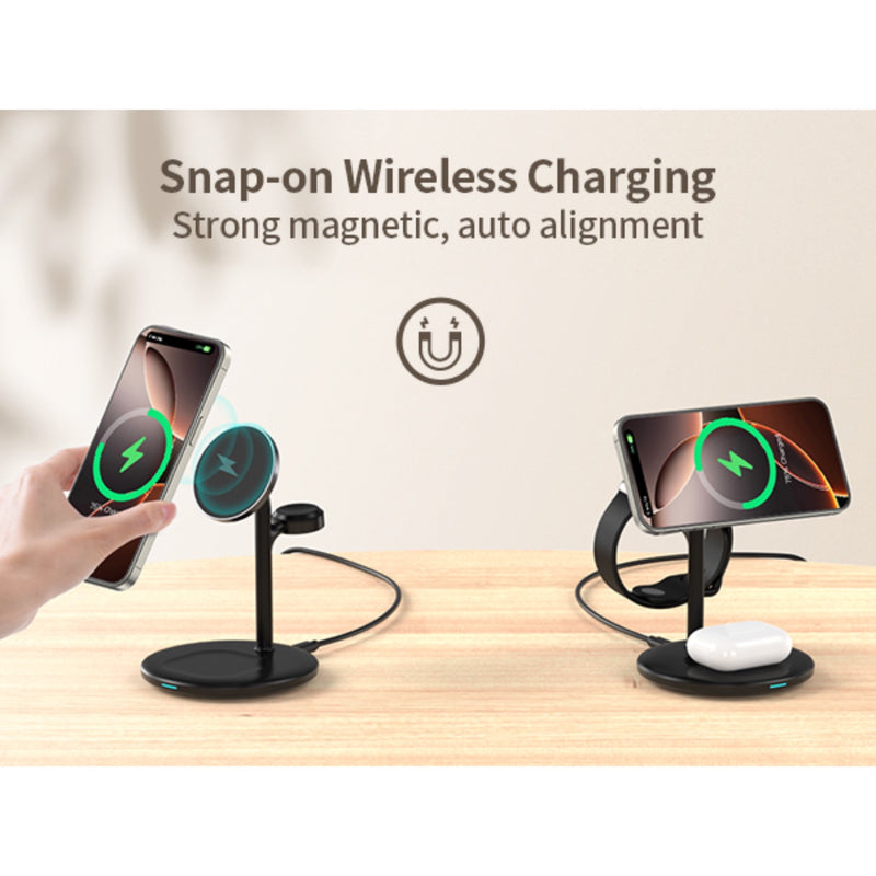 Choetech Fast Wireless 3 In 1 Magnetic Charging Stand T585-F 15W - Black (CHO-T585-F-BK)