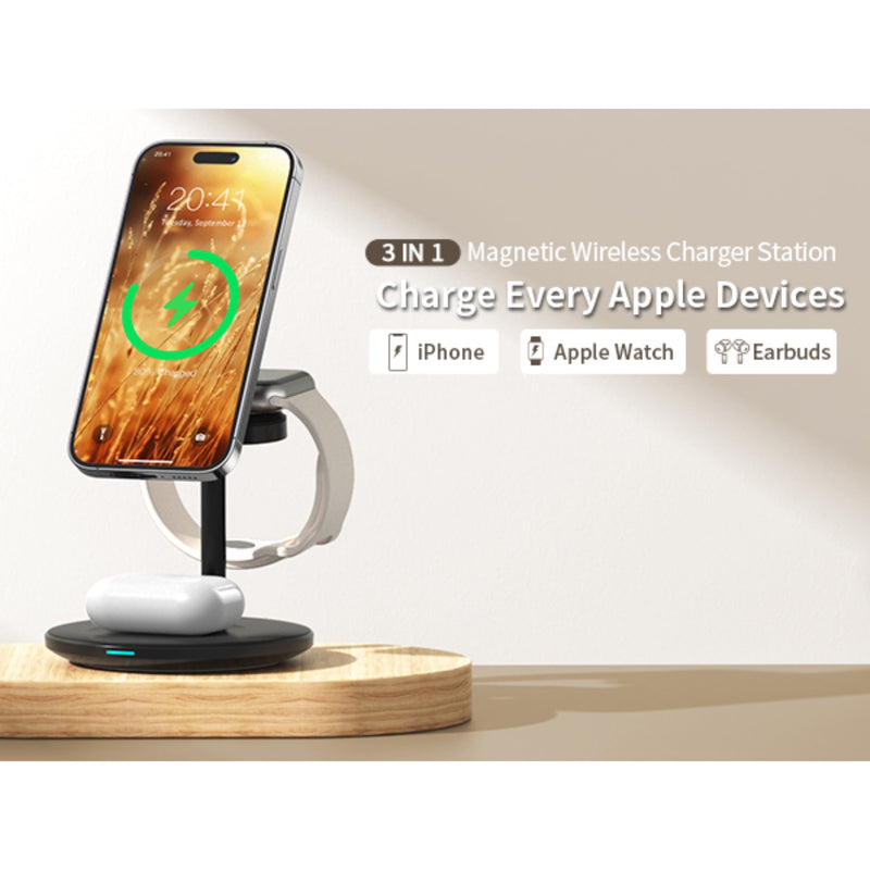 Choetech Fast Wireless 3 In 1 Magnetic Charging Stand T585-F 15W - Black (CHO-T585-F-BK)