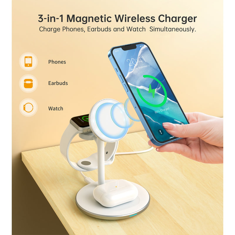 Choetech Fast Wireless 3 In 1 Magnetic Charging Stand T585-F 15W - White (CHO-T585-FV12-W)