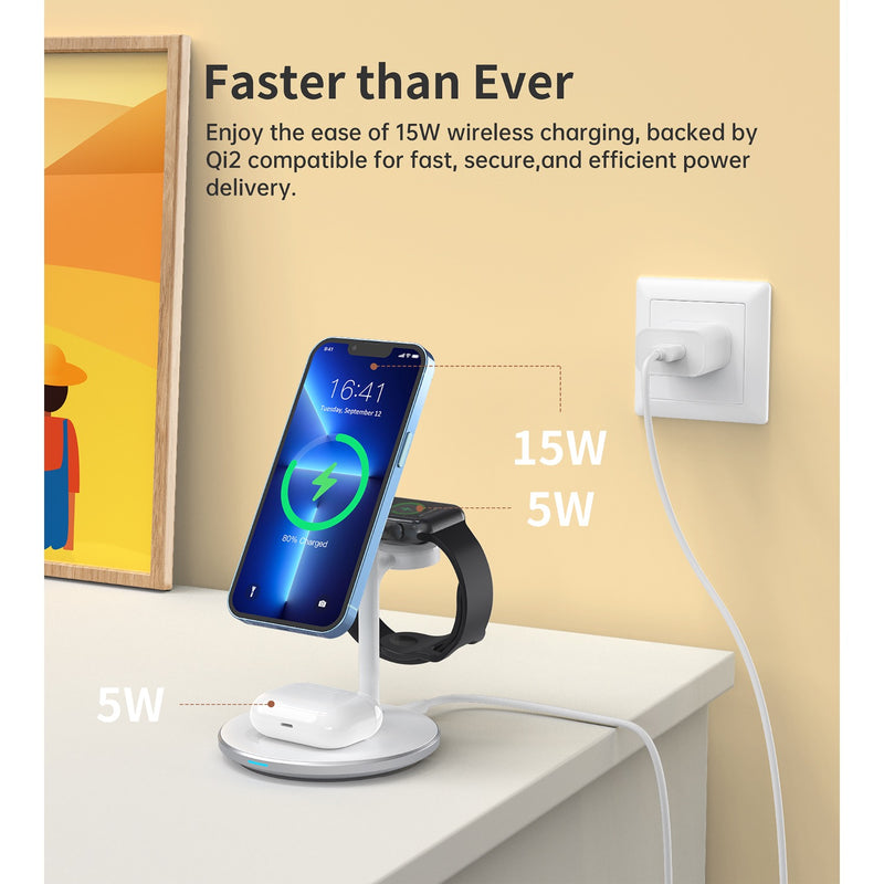 Choetech Fast Wireless 3 In 1 Magnetic Charging Stand T585-F 15W - White (CHO-T585-FV12-W)