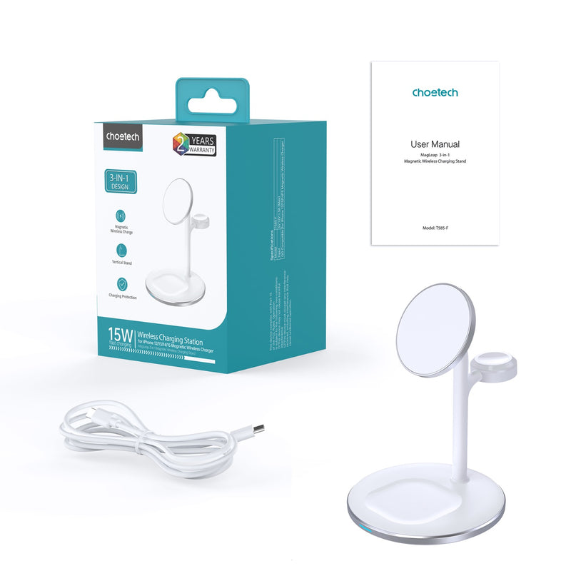 Choetech Fast Wireless 3 In 1 Magnetic Charging Stand T585-F 15W - White (CHO-T585-FV12-W)