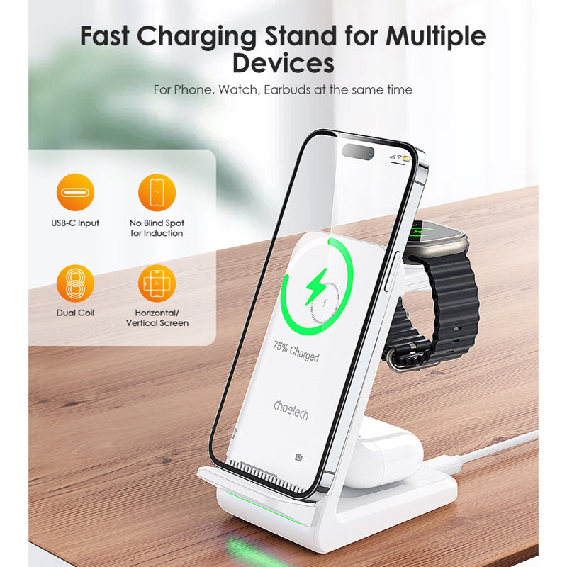 Choetech Fast Wireless 4 In 1 Magnetic Charging Stand T608-F 15W - White (CHO-T608-F-WH)