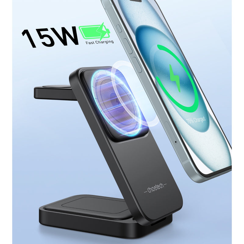 Choetech Fast Wireless 3 In 1 Magnetic Charging Stand T611-F 15W - Black (CHO-T611-F-BK)