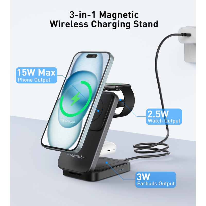 Choetech Fast Wireless 3 In 1 Magnetic Charging Stand T611-F 15W - Black (CHO-T611-F-BK)