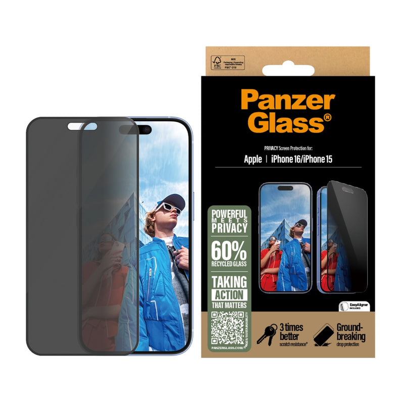 PanzerGlass Privacy Screen Protector Ultra Wide Fit - Apple iPhone 16 / iPhone 15 (P2861)