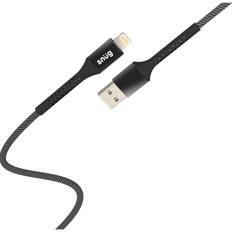 Snug USB To MFI Lightning Nylon Braid Cable 12W - 1.2 Meter - Black/Silver (SNPW-CABNMFIU-B)